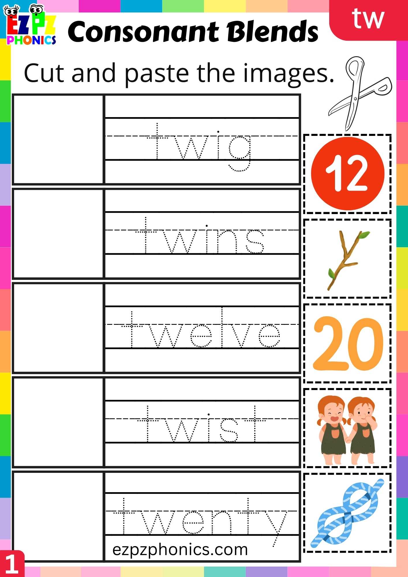TW Words Cut And Paste The Images Phonics Consonant Blends Worksheet